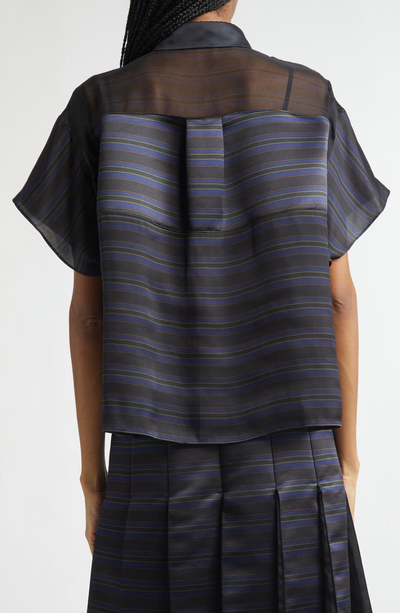 Sacai Short Sleeve Mixed Media Button-Up Shirt, Alternate, color, Black/ Navy