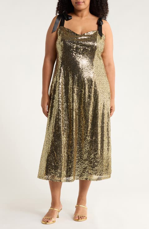 Adelisa Sequin Tie Strap Midi Dress (Plus)