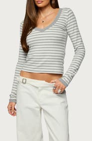 EDIKTED Kimi Stripe V-Neck Long Sleeve Crop Top