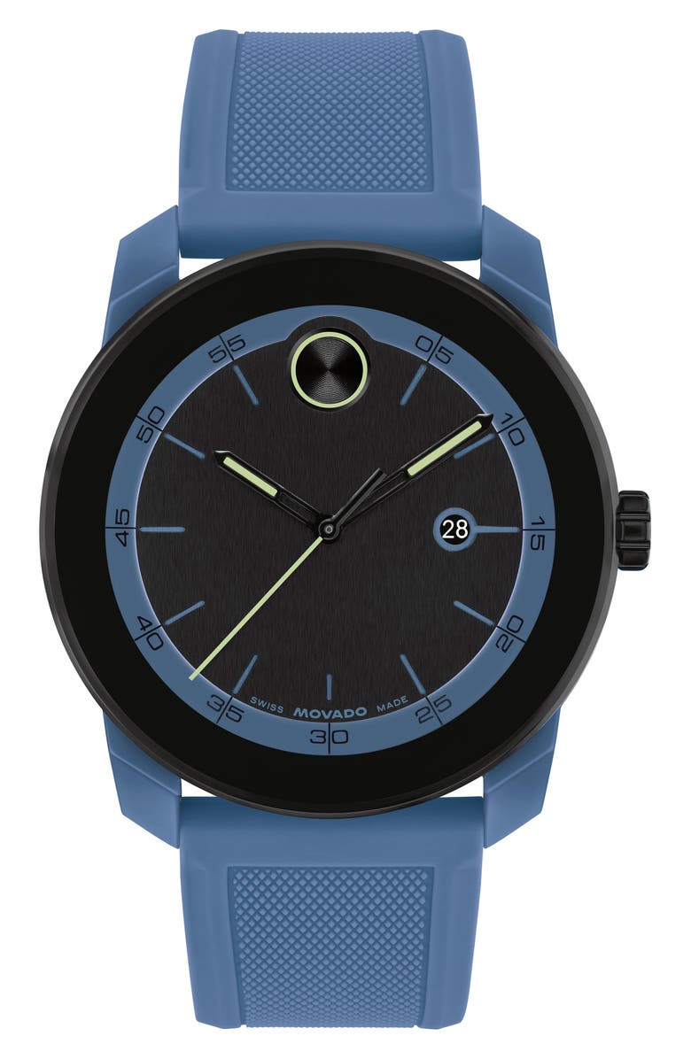 Movado Bold TR90 Silicone Strap Watch, 42mm, Main, color, Black/ Blue