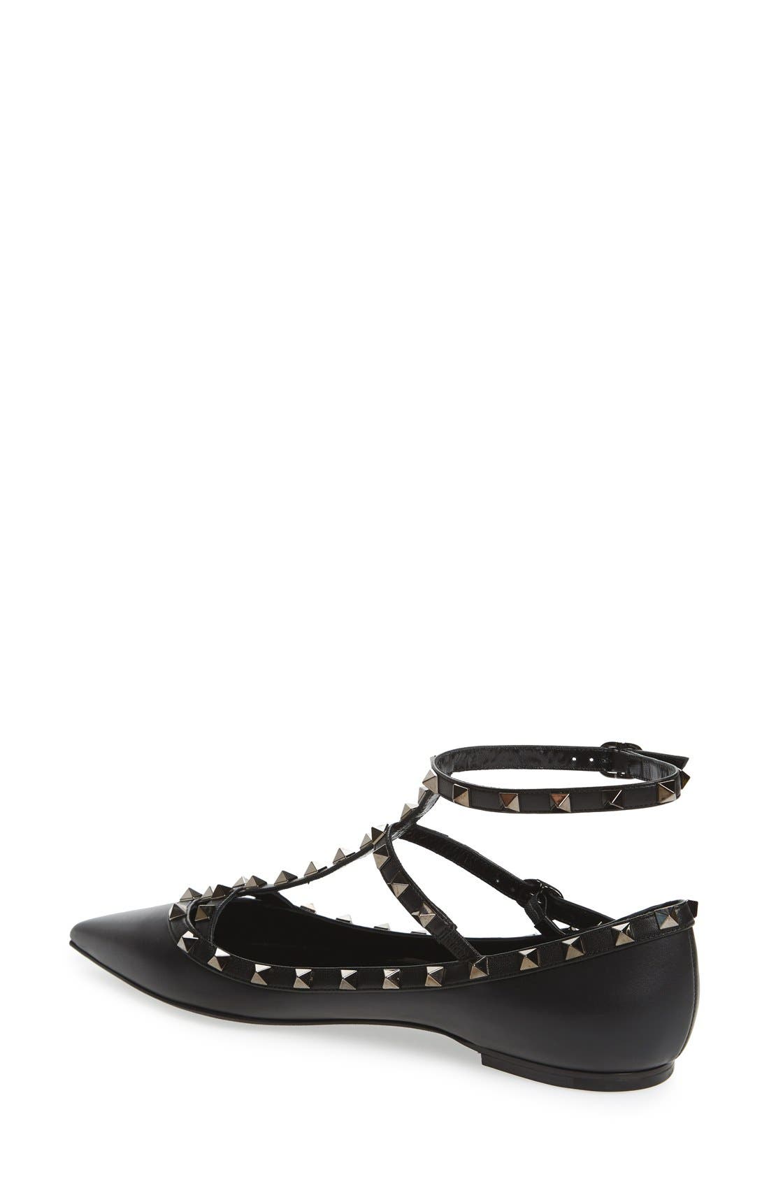 Valentino Garavani 'Rockstud' Double Ankle Strap Pointy Toe Flat, Alternate, color, 