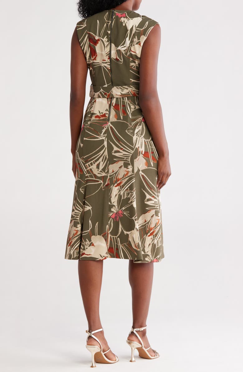 Calvin Klein Floral Sleeveless Belted A-Line Midi Dress, Alternate, color, Caper Multi