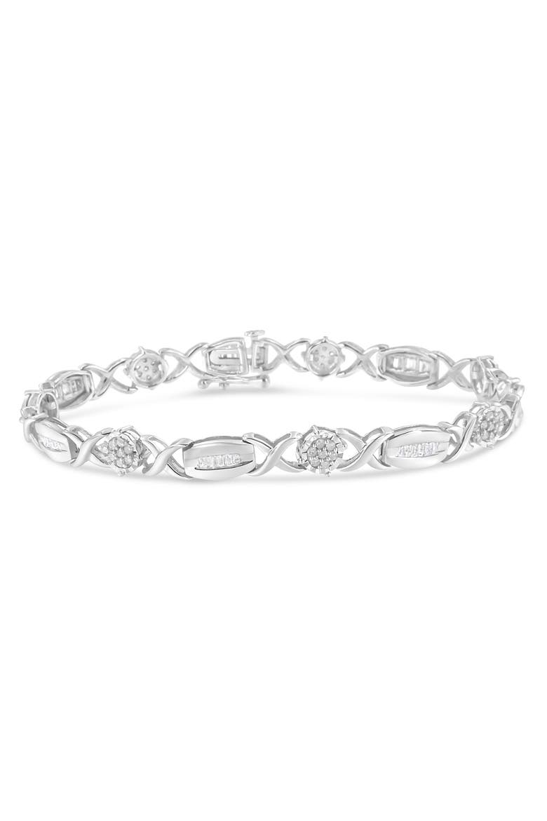 Silver 1.0 Cttw Round-Cut and Baguette-Cut Diamond X-Link Bracelet, Main, color, White