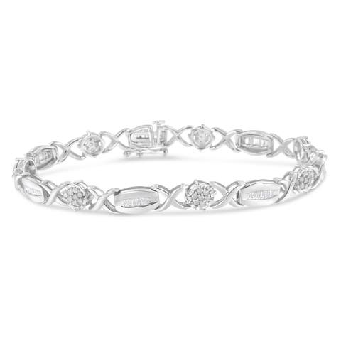 Silver 1.0 Cttw Round-Cut and Baguette-Cut Diamond X-Link Bracelet