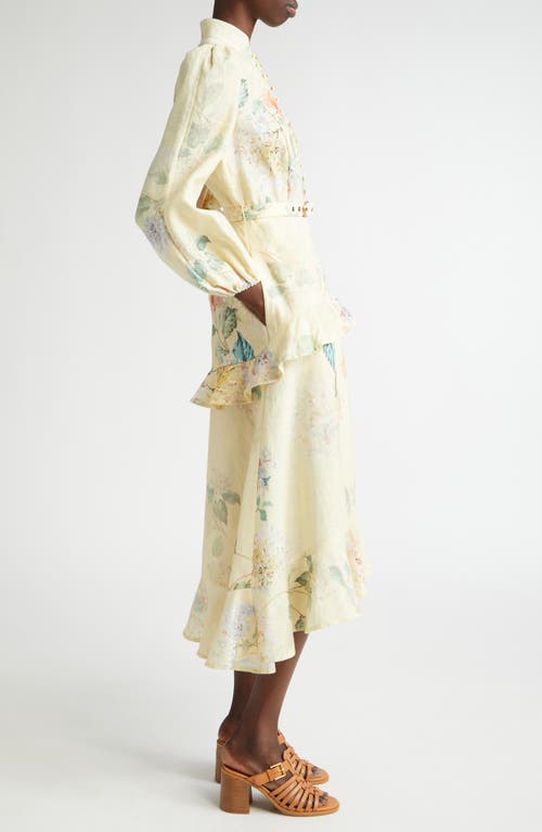 Zimmermann Floral Print Belted Linen Midi Dress In Lemon Hydrangea
