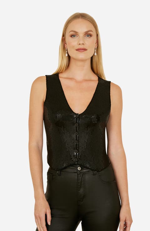 Sleeveless V-Neck Sequin Waistcoat Top