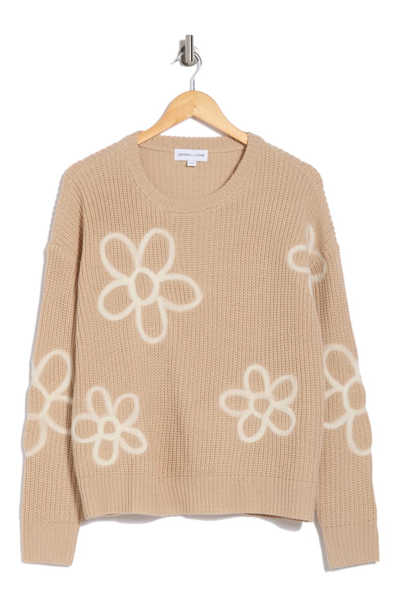 Flower Embroidered Sweater, Alternate, color, TAUPE/ EGGSHELL
