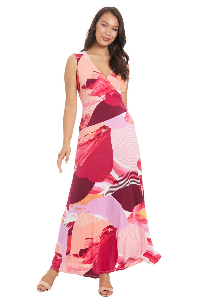 London Times Sleeveless Faux Wrap Maxi Dress, Alternate, color, Soft White/ Persimmon