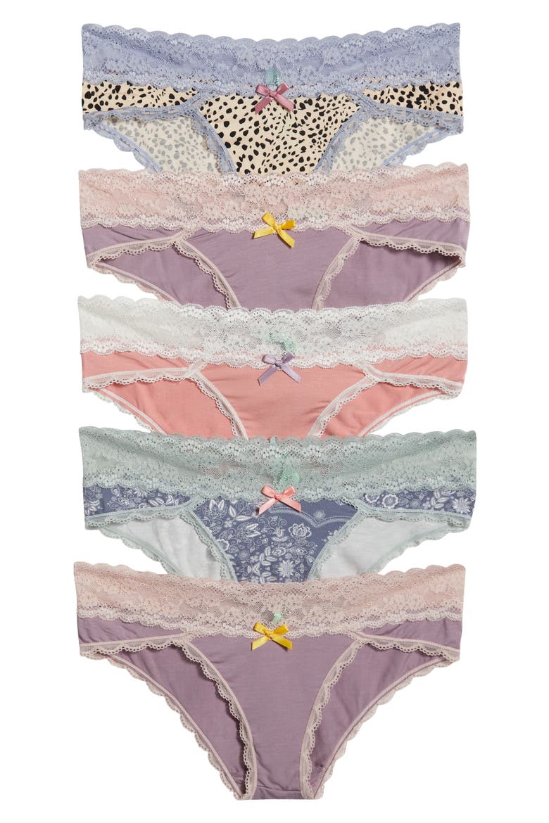 Ahna 5-Pack Lace Low Rise Hipster Panties, Main, color, PURPLE MULTI