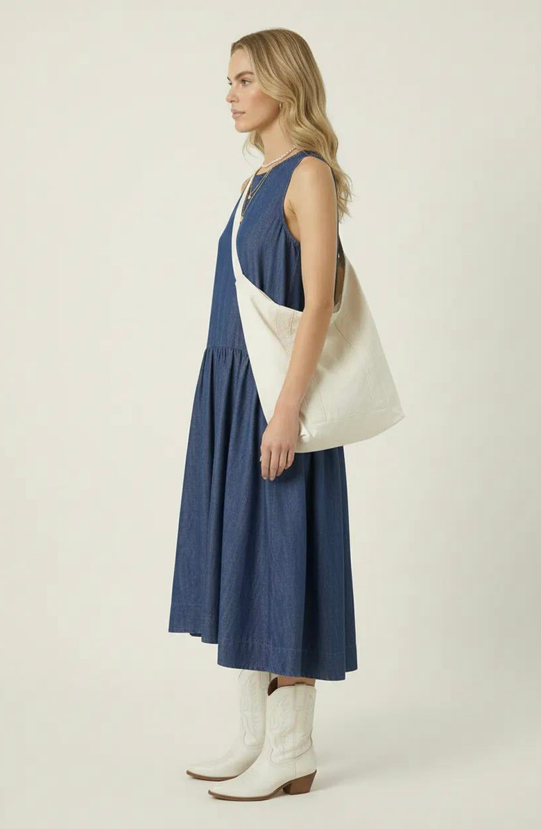 Modenaire Sleeveless Drop-Waist Gathered Relaxed-Fit Midi Dress, Alternate, color, Blue