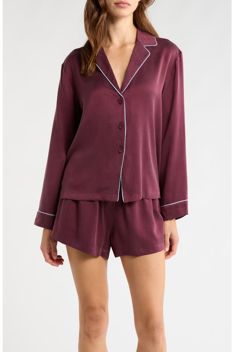 Piped Washable Silk Button-Up Short Pajamas, Main, color, VINTAGE MERLOT/FROSTED LAGOON