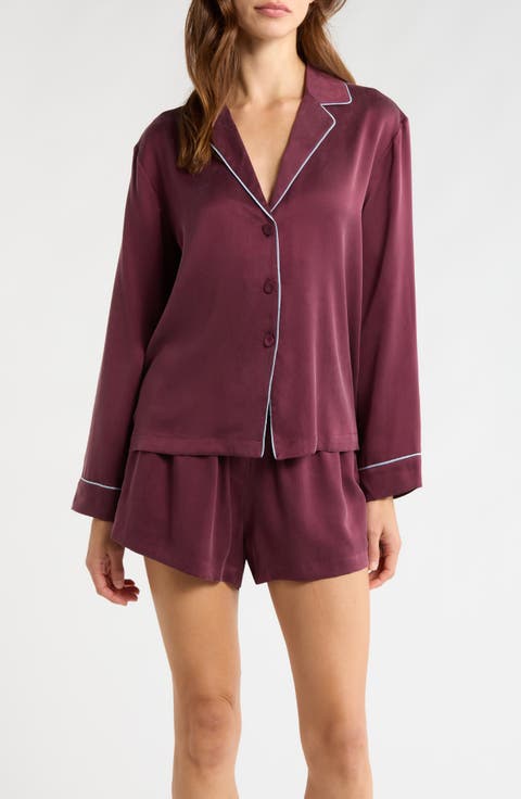 Piped Washable Silk Button-Up Short Pajamas