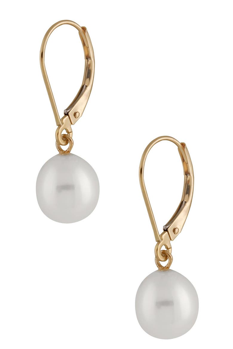 14K Gold 7-7.5mm White Freshwater Pearl Leverback Earrings, Main, color, NATURAL WHITE
