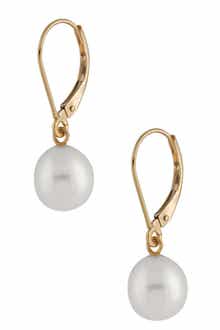 SPLENDID PEARLS 14K Gold 7-7.5mm White Freshwater Pearl Leverback Earrings