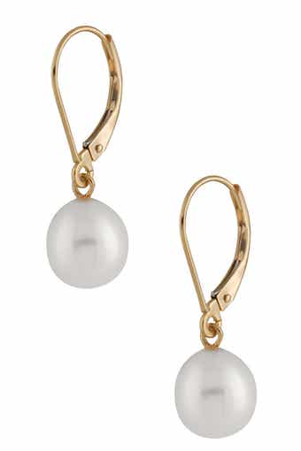 SPLENDID PEARLS 14K Gold 7-7.5mm White Freshwater Pearl Leverback Earrings