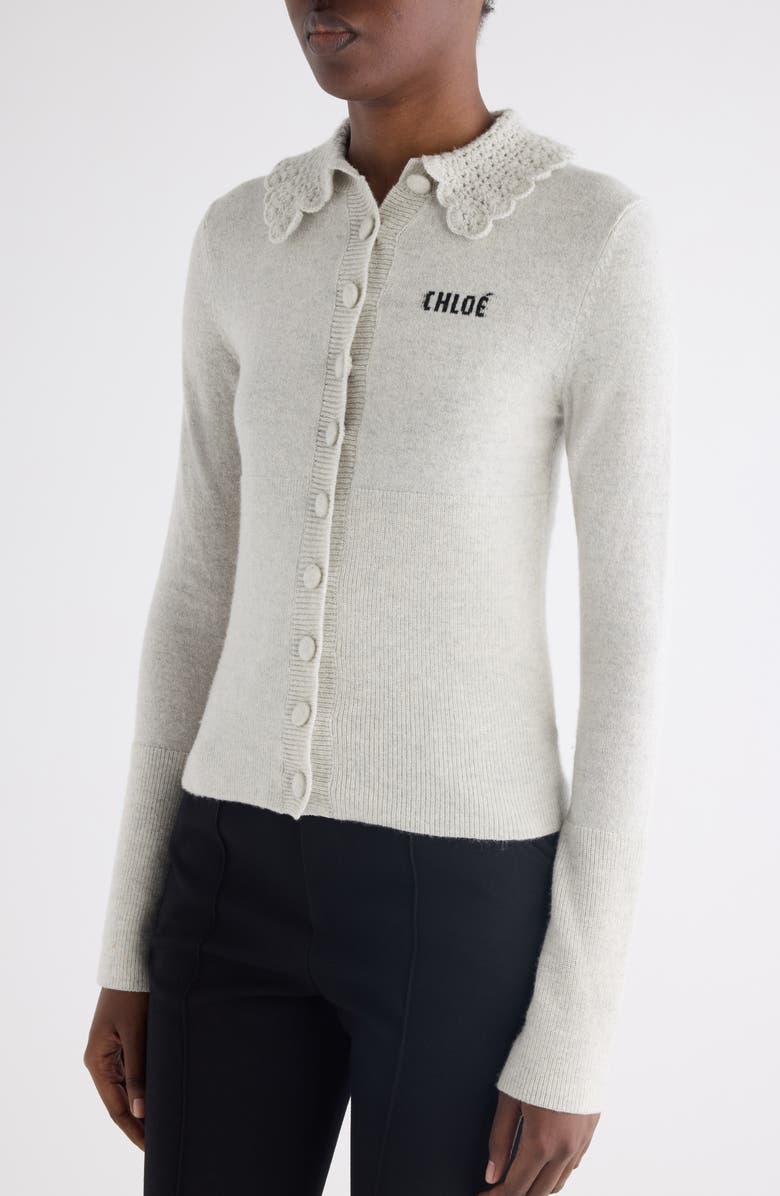 Chloé Crochet Collar Wool Cardigan, Alternate, color, Sweet Grey
