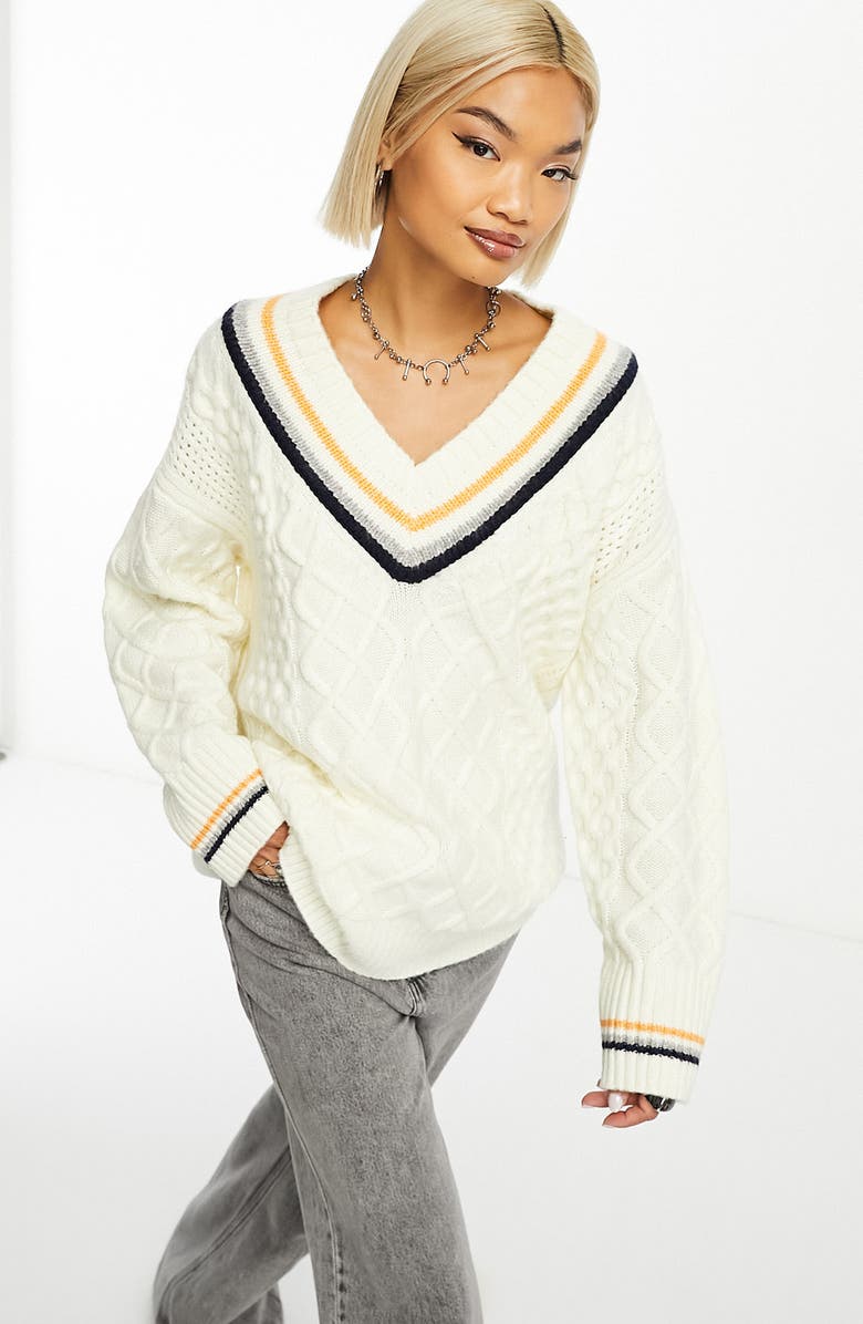 ASOS DESIGN V-Neck Cable Knit Varsity Sweater, Main, color, 