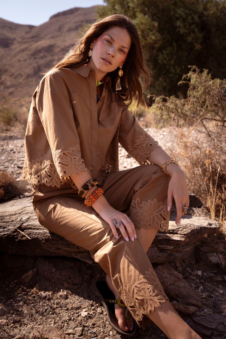 Embroidered Cotton Trousers With Belt, Alternate, color, Tobacco