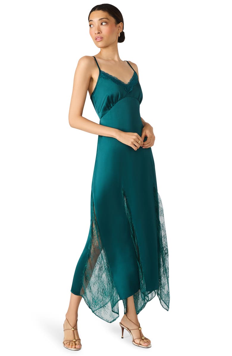 Steve Madden Delia Lace Trim Handkerchief Hem Satin Slipdress, Alternate, color, Midnight Teal