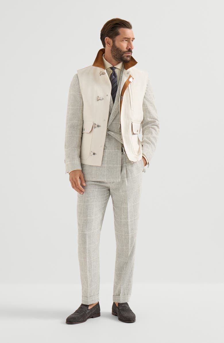 Brunello Cucinelli Linen Prince of Wales trousers with pleat, Alternate, color, Panama