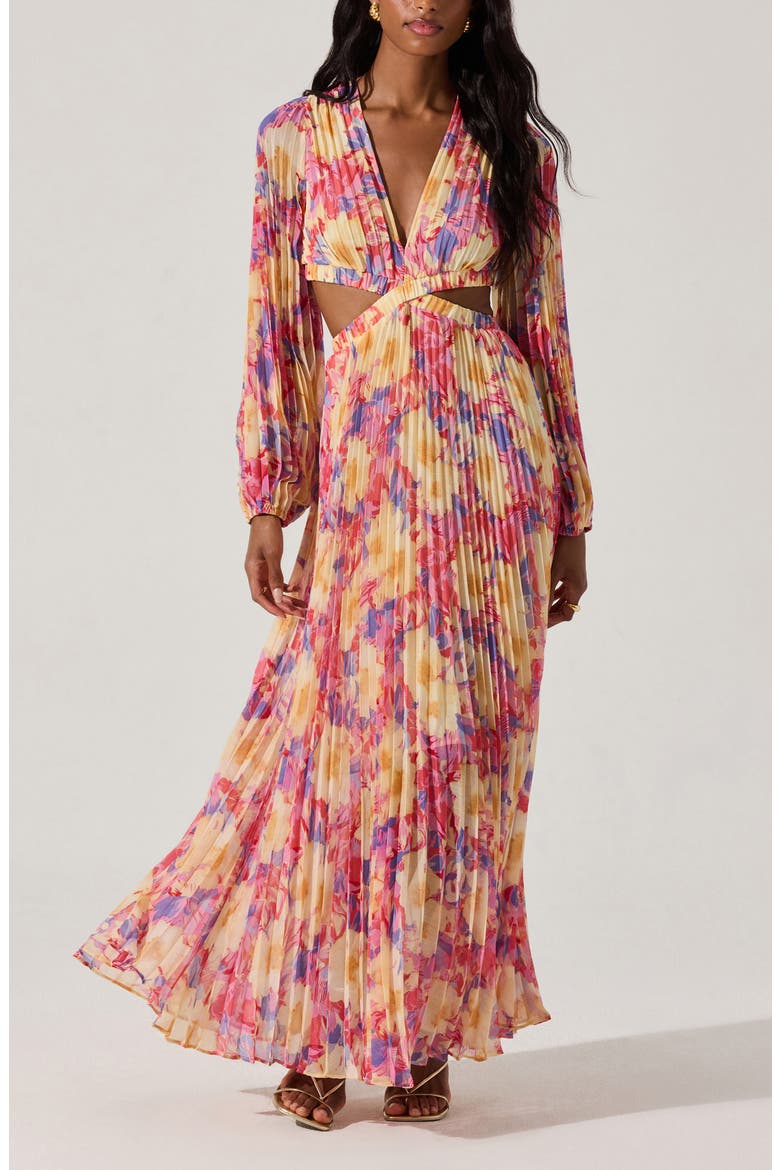 Revery Floral Pleated Cutout Long Sleeve Maxi Dress, Main, color, YELLOW PINK FLORAL