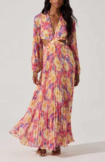 ASTR the Label Revery Floral Pleated Cutout Long Sleeve Maxi Dress