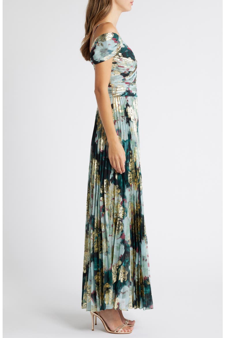 Cold Shoulder Pleated Gown, Alternate, color, SPRUCE GOLD