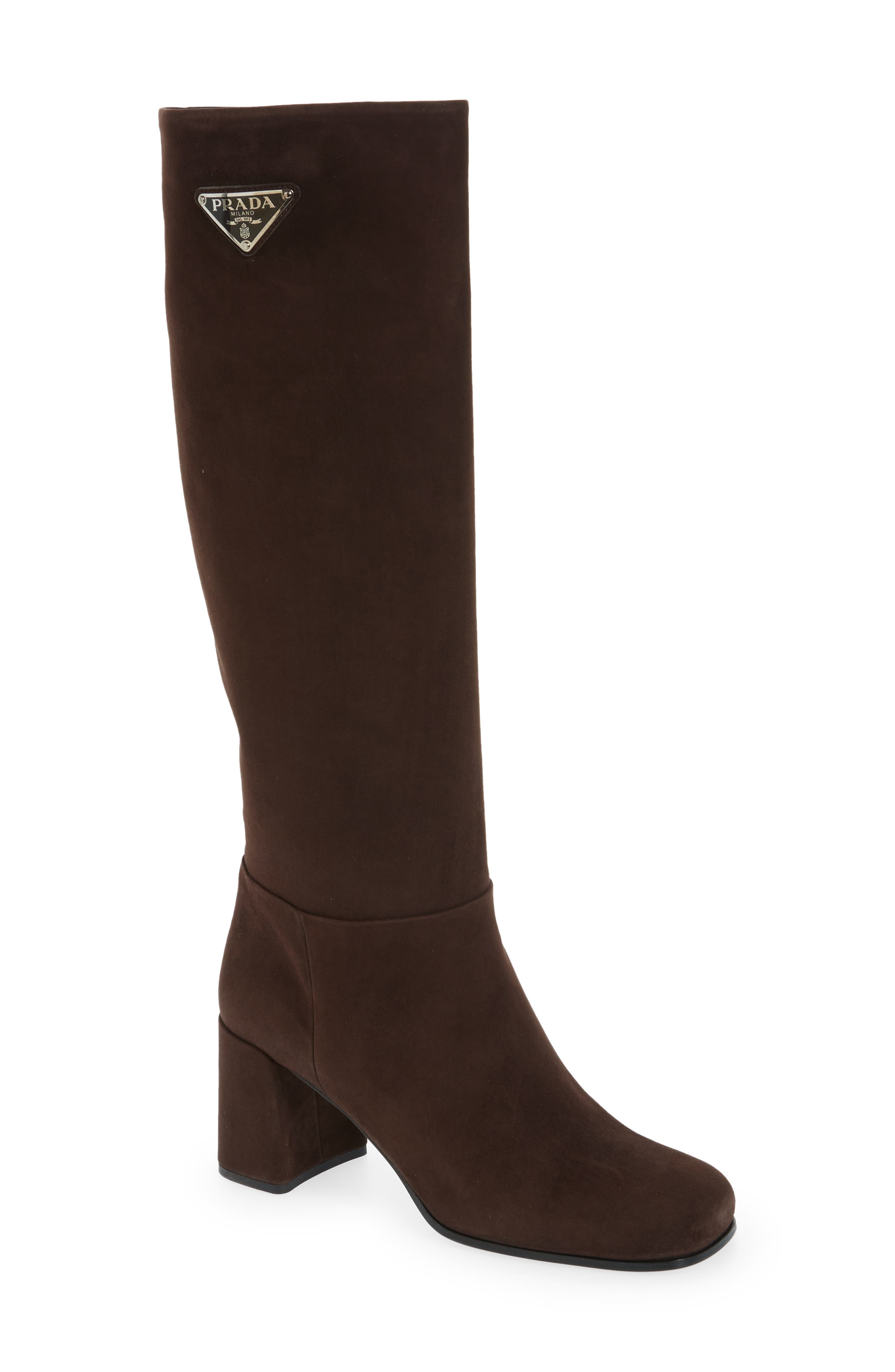 Prada Logo Knee High Boot, Main, color, Moro