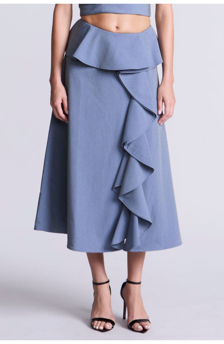 BCBGMAXAZRIA Cascade Midi Skirt, Alternate, color, Yarn Dye Denim Blue Suiting