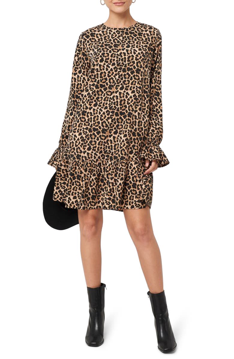 NA-KD Long Sleeve Leopard Print Flounce Minidress, Main, color,