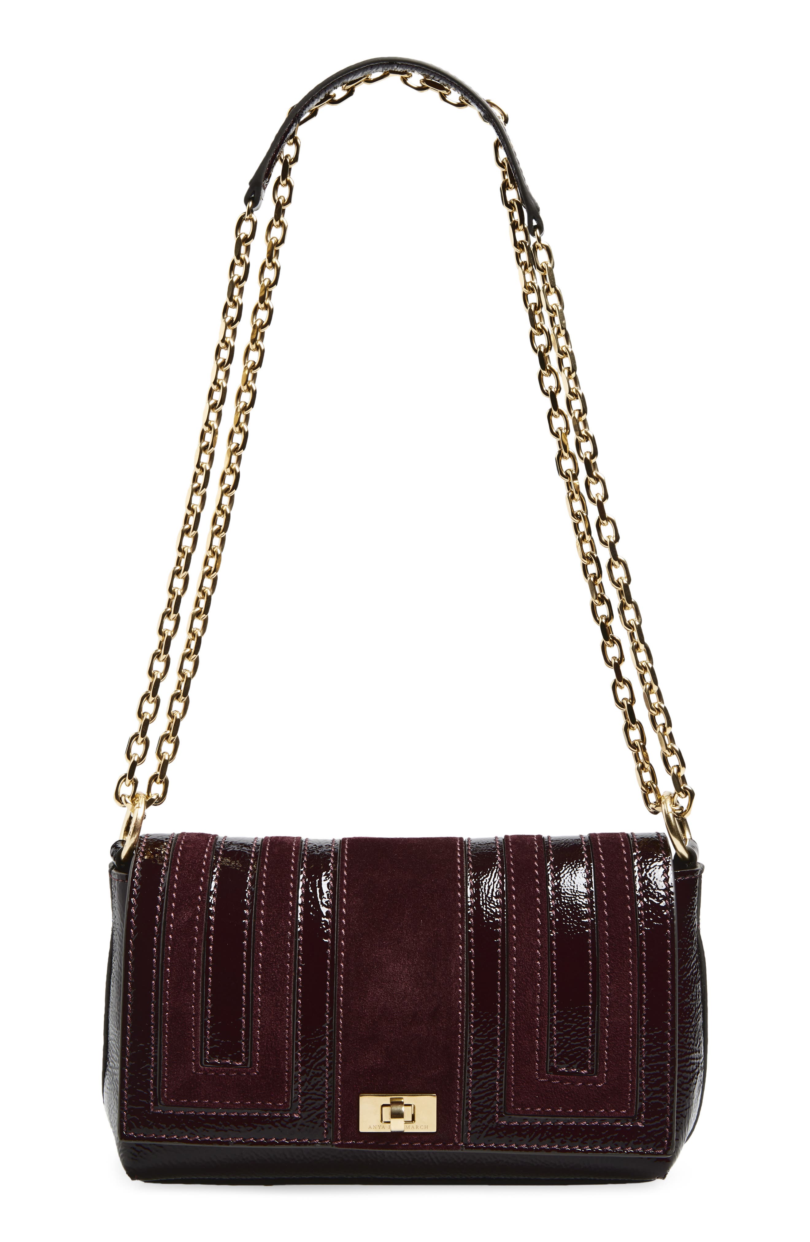 Anya Hindmarch Mortimer Paneled Patent Leather & Suede Crossbody Bag, Main, color, Grape