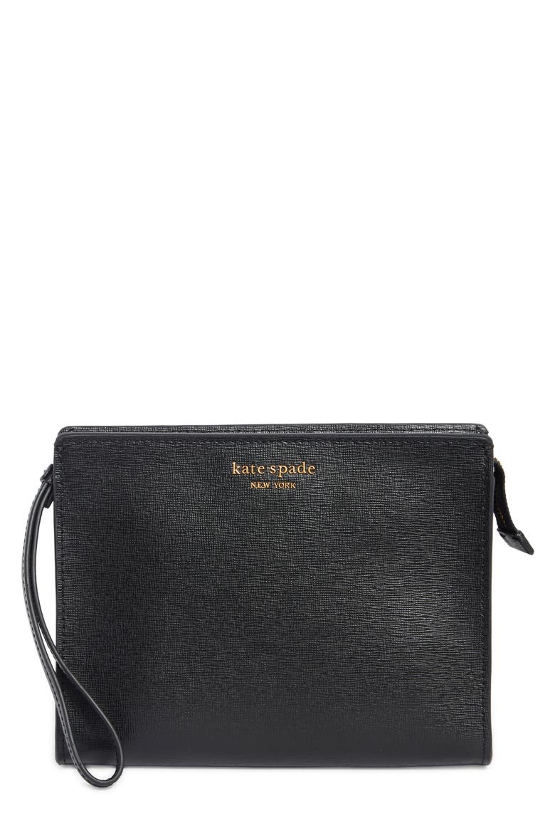 Gusseted Leather Wristlet, Main, color, BLACK