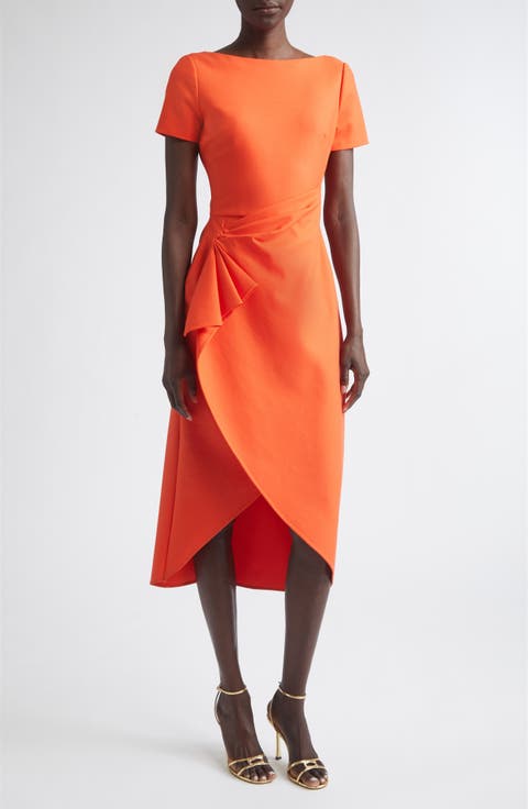 Short Sleeve Draped Waist Stretch Virgin Wool Blend Day Dress