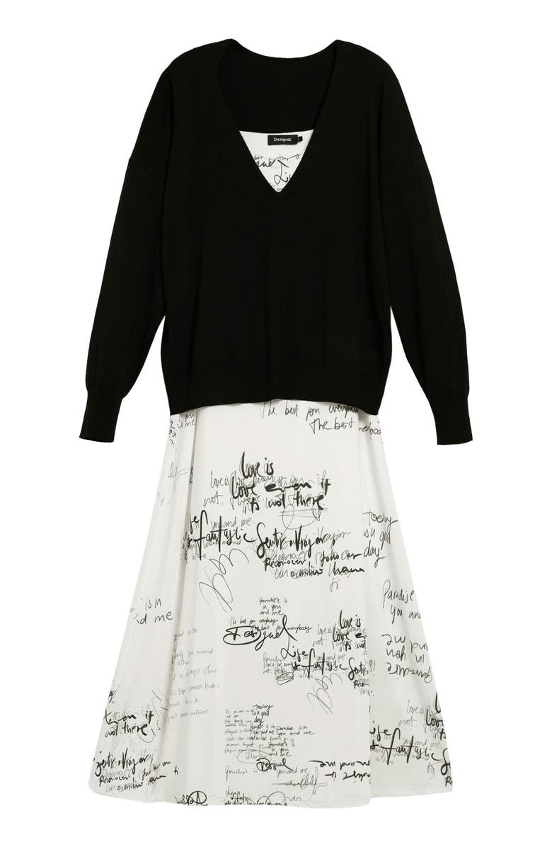 Desigual Printed Slipdress & One-Shoulder Sweater Set, Alternate, color, Light Beige