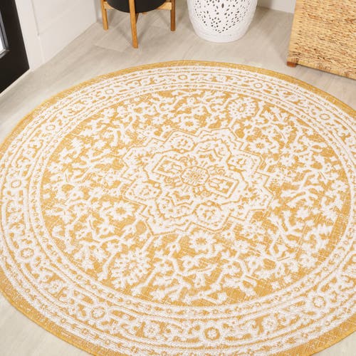 Jonathan Y Sinjuri Medallion Textured Weave Indoor/outdoor Round Area Rug In Yellow/cream
