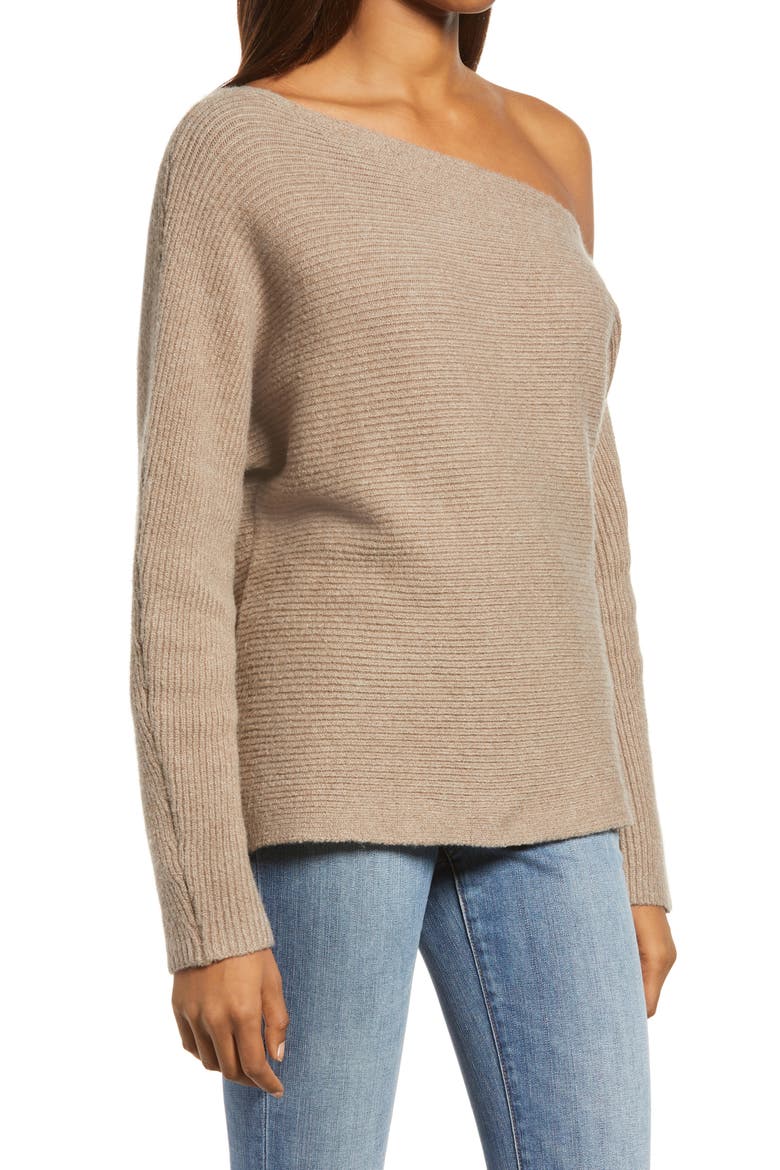 Ribbed One-Shoulder Pullover, Alternate, color, BROWN SHIITAKE HEATHER
