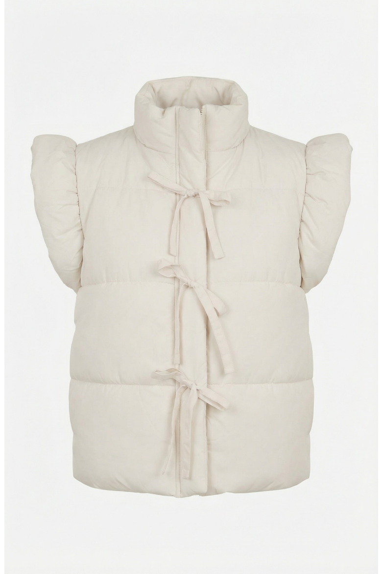 Ruffle Shoulder Puffer Vest with Front Tie Closures and Stand Collar, Alternate, color, White