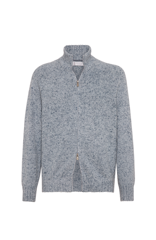 Brunello Cucinelli Cashmere Stand-up Collar Cardigan With Textured Knit In Blue