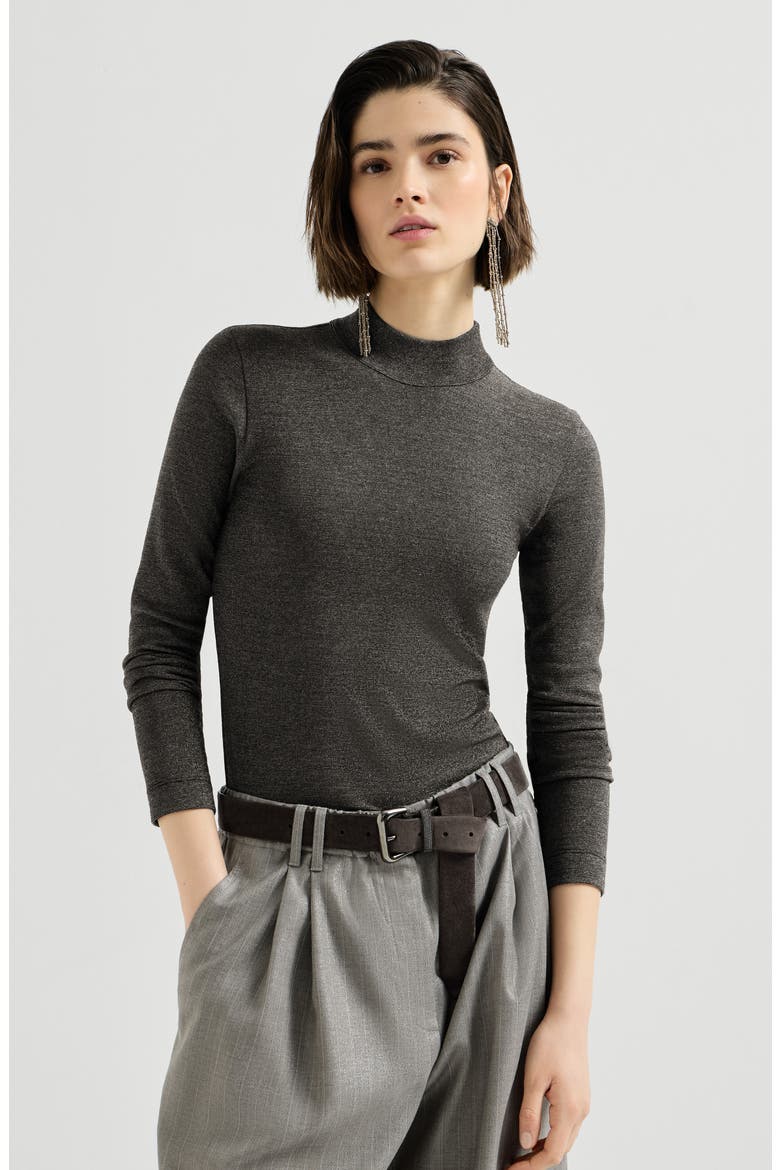 Sparkling virgin wool mock neck long sleeve T-shirt with monili, Main, color, Anthracite