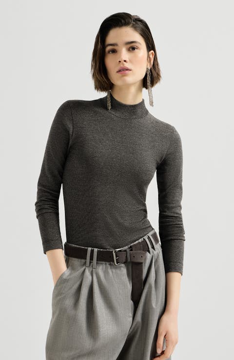 Sparkling virgin wool mock neck long sleeve T-shirt with monili
