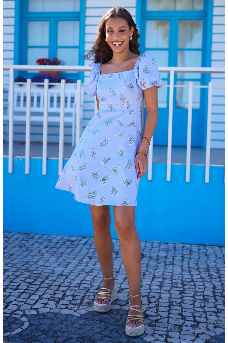 Cotton Floral Puff Sleeve Skater Dress, Alternate, color, Blue