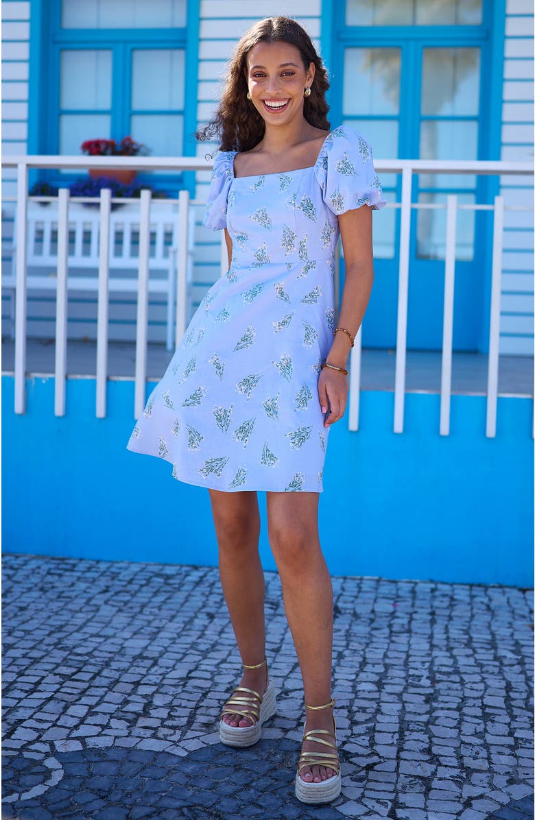 Yumi Cotton Floral Puff Sleeve Skater Dress, Alternate, color, Blue