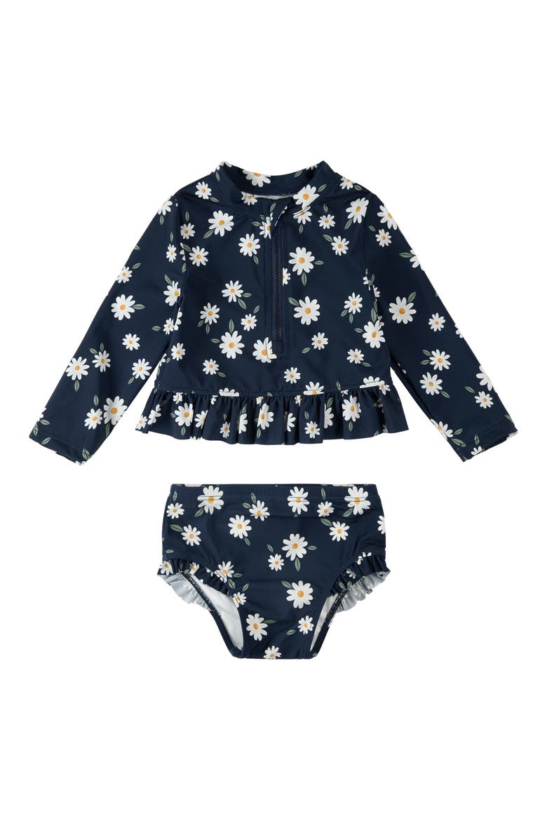 Kids' Daisies Long Sleeve Two-Piece Rashguard Swimsuit, Main, color, NAVY