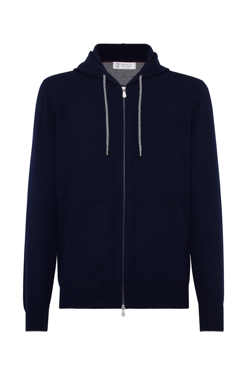 Brunello Cucinelli Techno Cotton Interlock Zip-front Hooded Sweatshirt In Navy Blue
