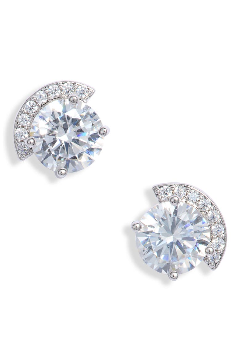Cubic Zirconia Pave Crescent Stud Earrings, Main, color, CLEAR- SILVER