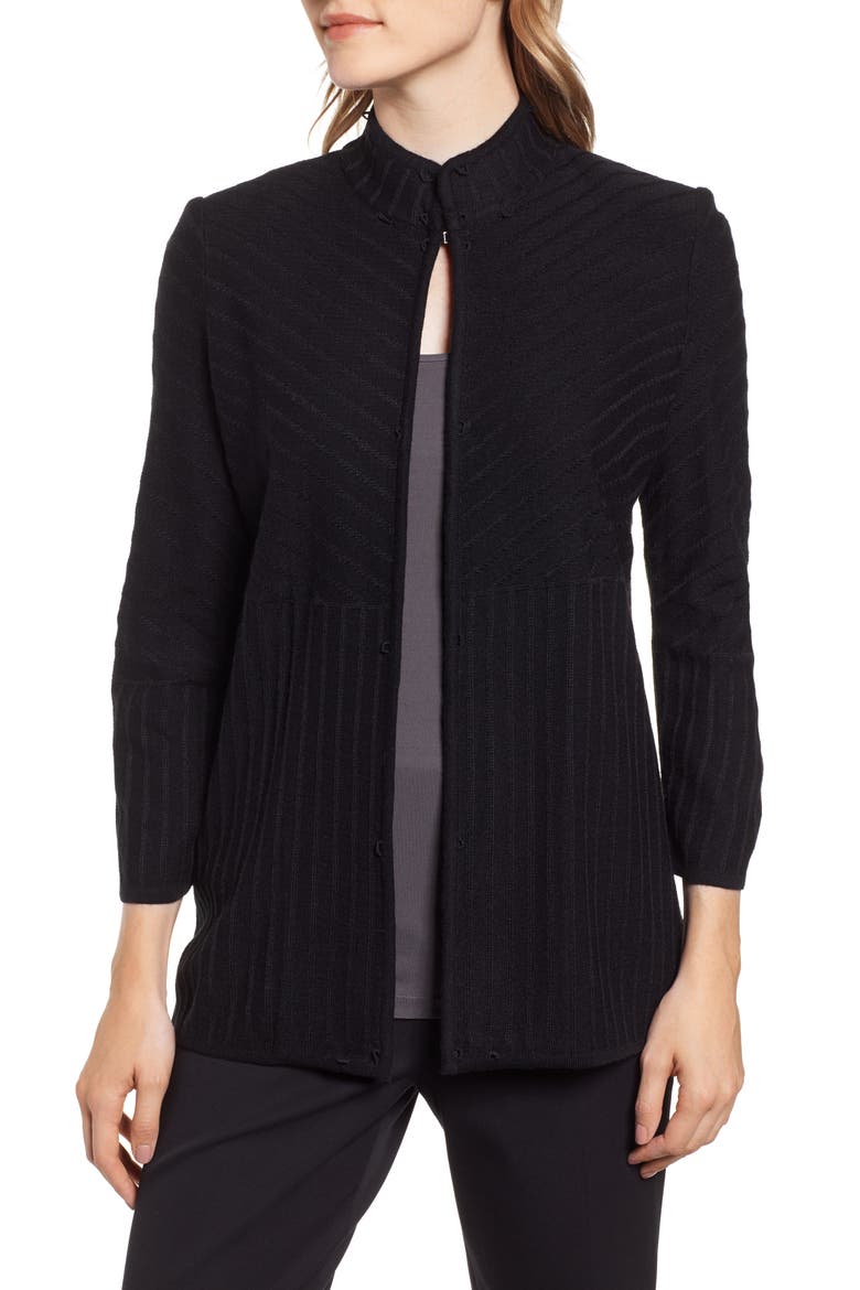 Faux Fur Trim Knit Jacket, Alternate, color, BLACK