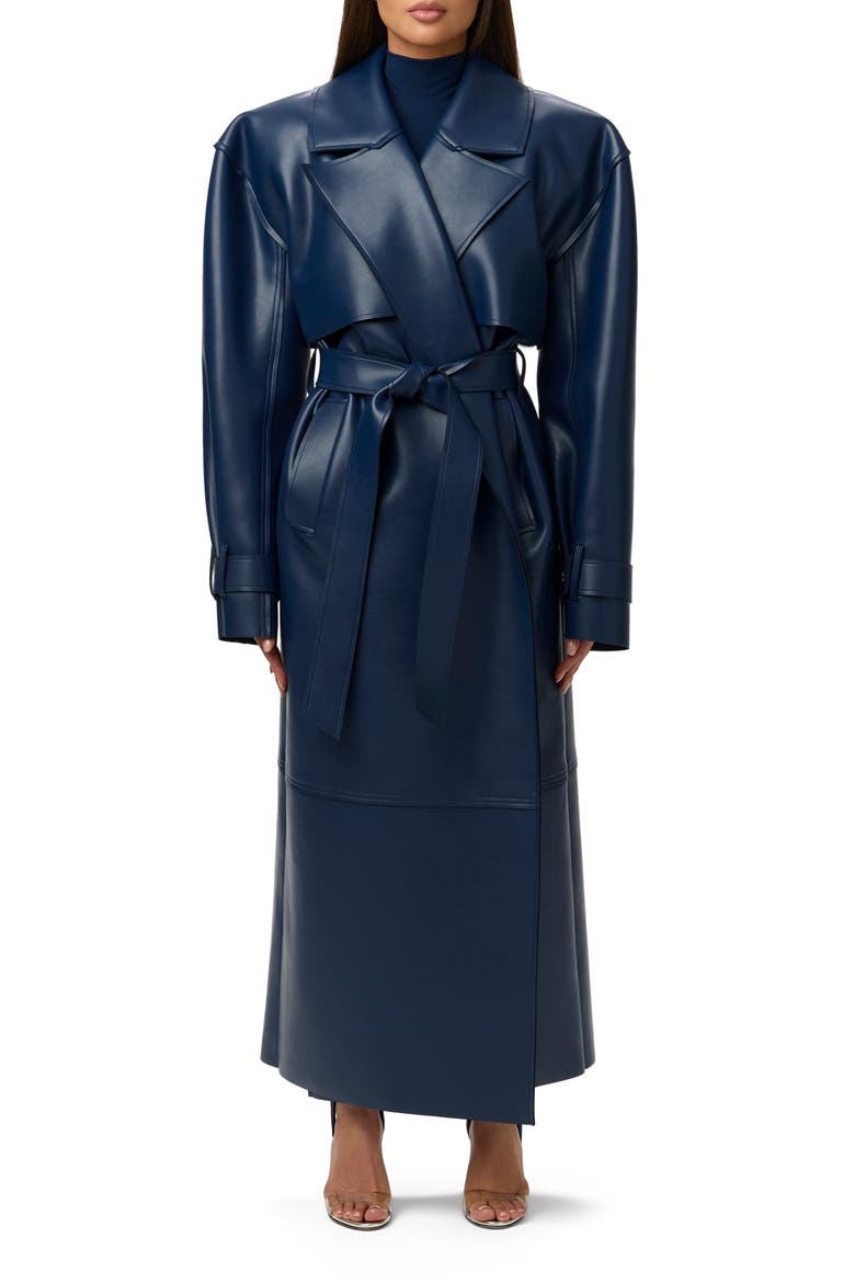 Faux Leather Trench Coat, Main, color, NAVY BLUE