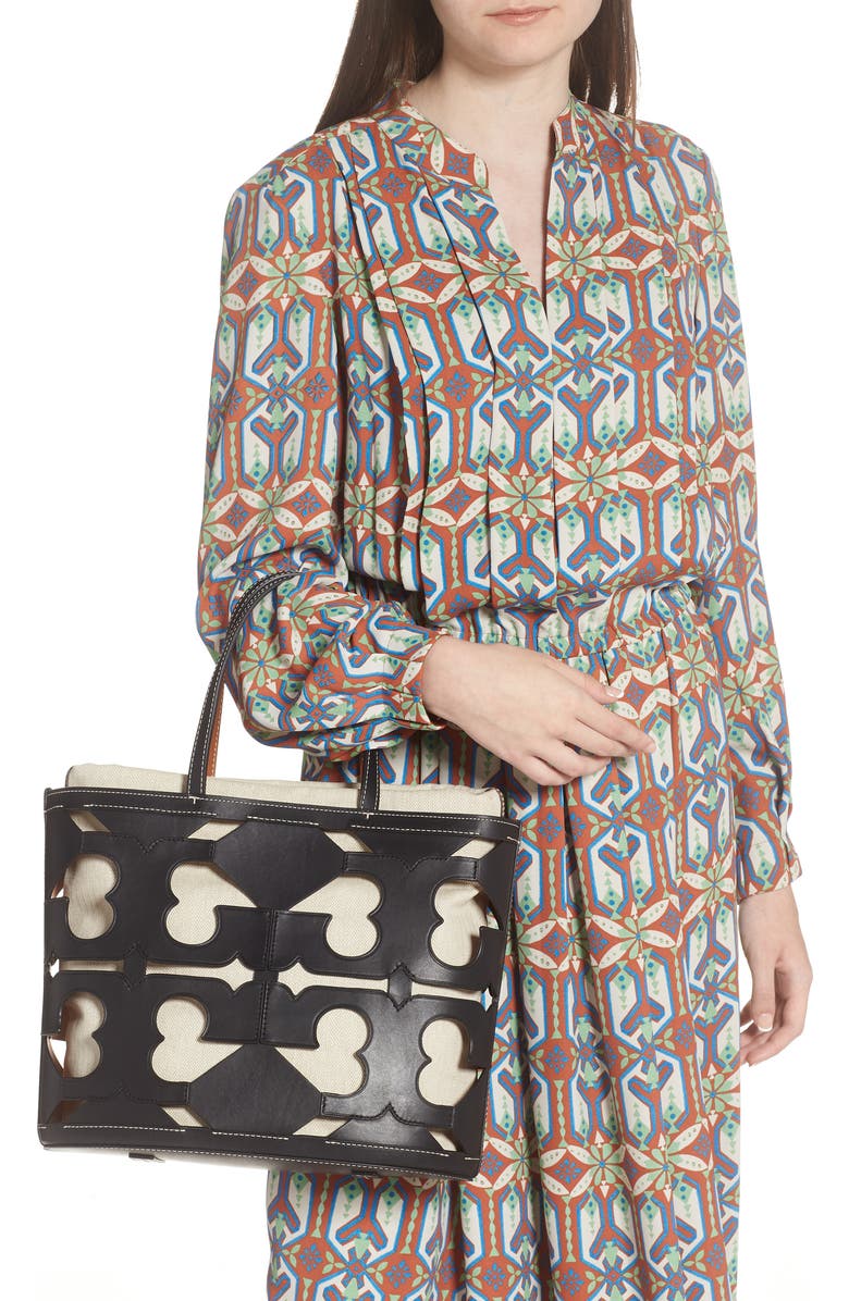 Tory Burch Ella Small Leather Cutout Logo Tote, Alternate, color,