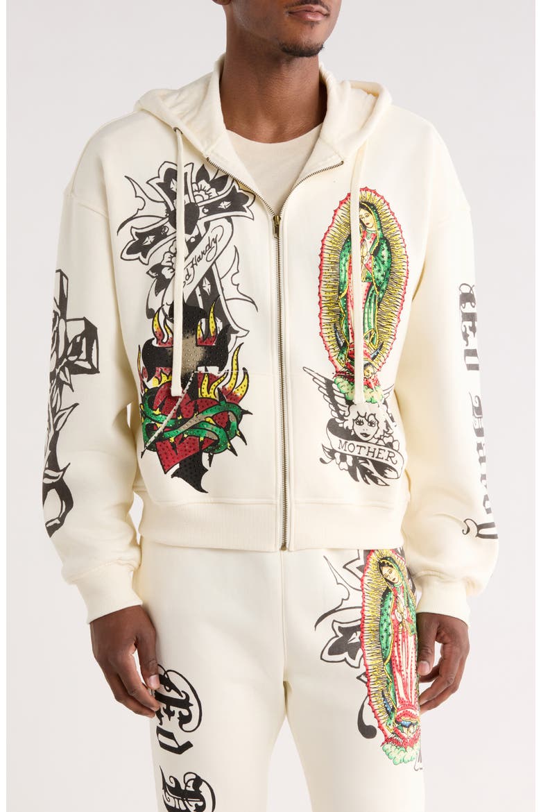 Virgin Mary Boxy Zip-Up Hoodie, Main, color, IVORY