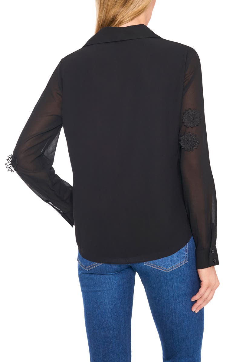 CeCe Floral Appliqué Georgette Button-Up Shirt, Alternate, color, Rich Black